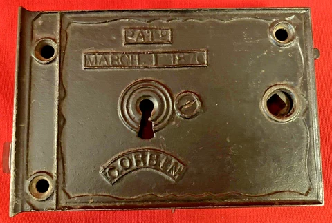 Large Corbin Antique Cast Iron Rim Lock *Pat March 1, 1870 ~5.2" x ~3.7" x ~0.9" Cover