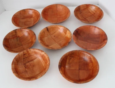 Vintage Pressed Wood Weave Wooden  70s Salad Soup Cereal  Bowl Set of 8 - Image 1 of 4
