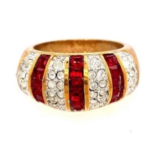 Vintage 1980’s Goldtone 18KGE Statement Ring, Red Clear Rhinestones, Size 5 - Picture 1 of 4