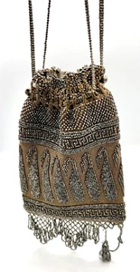 Antique Silver Steel Bead Chrocheted Reticule Drawstring Purse - Picture 1 of 10