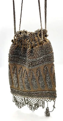 Antique Silver Steel Bead Chrocheted Reticule Drawstring Purse - Image 1 of 4