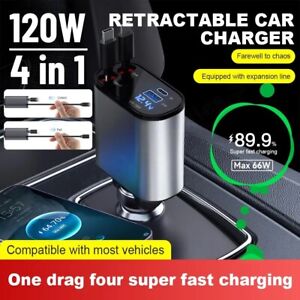 120W 4 in 1 Retractable Car Charger USB C Type-C Cable PD Fast Charger Adapter