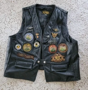 Vtg Leather Biker's Vest Harley Davison Patches Sturgis SD Pins Southern Tier NY - Picture 1 of 24