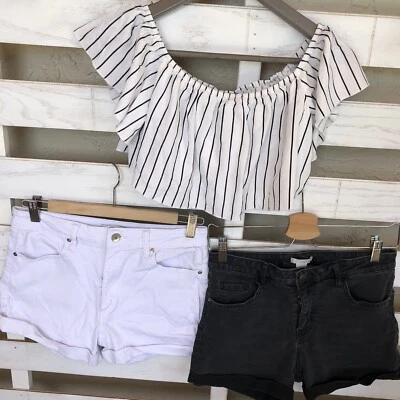 批量 3 双女式短裤条纹上衣 Forever 21 H&M 黑色白色 S 码 — 第 1/4 张图片