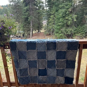 VTG Denim Jean Patchwork Rag Quilt Handmade Reversible Cottagecore Western Cabin - Picture 1 of 11