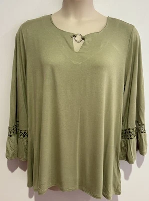 Khaki 3/4 Bell Lace Panels Sleeves Top / Stretchy Fabric Size XS+ Beme NWT - image 1 of 4