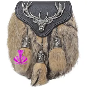 Men's Scottish Semi-Dress Kilt Sporran Stag Head Antique Finish with Chain Belt - Picture 1 of 9