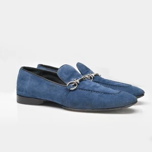 CESARE PACIOTTI Men's Blue Suede Pantofola Loafers Iconic Dagger Buckle - Picture 1 of 11