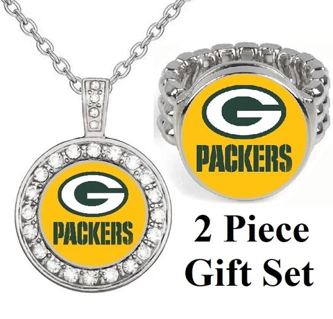 Green Bay Packers Gift Set Womens 925 Sterling Silver Necklace With Ring D2D18 Cover
