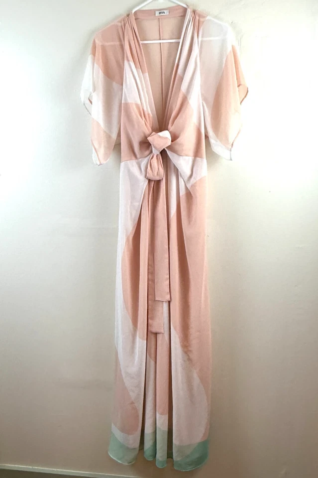 ISSA Maxi Dress Pink Plunge Neck Waist Tie Silk Gown US 8 Flowy Pastel Resort - Image 1 of 4