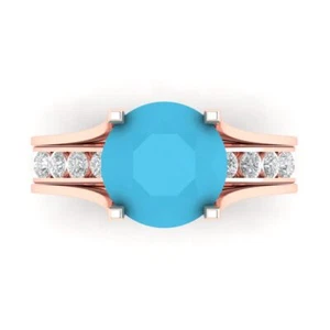 2.89ct Round Cut Turquoise Stone Promise Bridal Band set Sliding 14k Rose Gold - Picture 1 of 5