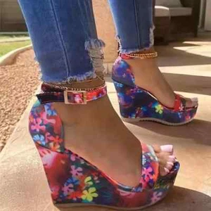 Women's Floral Pattern Wedge Sandals, Open Toe Platform Ankle Strap Sandals, Wom - Picture 1 of 4