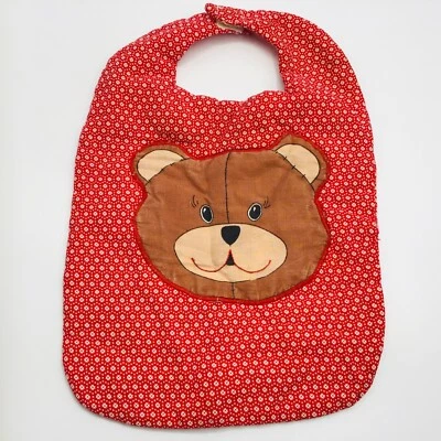 Babero de bebé vintage hecho a mano oso de peluche bordado floral rojo blanco Foto 1 de 4