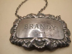 Vintage London punziert Sterlingsilber Flaschenanhänger/Karaffe Etikett-BRANDY - Bild 1 von 3