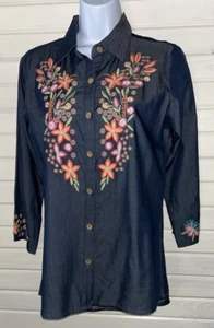 Túnica Denim Lyocell Azul Floral Bordada Artística Talla PEQUEÑA NUEVA SIN ETIQUETAS Perejil y Salvia - Imagen 1 de 11