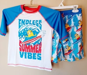 Minions Rash Guard Swim Shorts Set 8 Boys UPF 50+ Mid Sleeves Multicolor 2 Pc - Picture 1 of 7