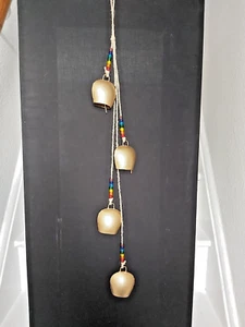 HANDMADE INDIAN IRON COW BELLS DECORATIVE HANGING CHAKRA BEADS ON JUTE STRING - Picture 1 of 11