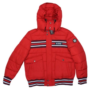 Michael Kors Racing Stripe Accent Hooded Full Zip Men's Puffer Coat L NWT Red - Picture 1 of 4