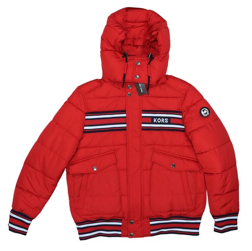 Cappotto tampone uomo Michael Kors Racing a righe accento con cappuccio cerniera intera L nuovo con etichette rosso