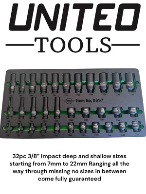 PRO DEEP & SHALLOW IMPACT SOCKET Set 3/8"Dr 32pc 7mm-22mm 6pt Hex Sockets Set - Image 1 of 3