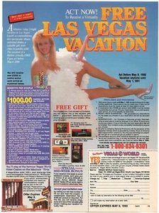 Anuncio impreso vintage Vegas World - vacaciones gratuitas en Las Vegas - mayo de 1990 - Imagen 1 de 5