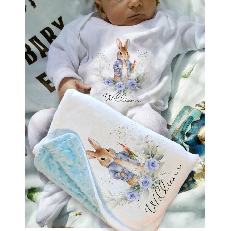 Personalised baby outfit set , Romper blanket gift, blue floral rabbit sleepsuit - Image 1 of 2
