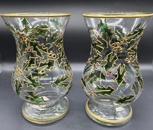 Pair Of Fifth Avenue Crystal 9" Holly And Berries Large Vases - Picture 1 of 3