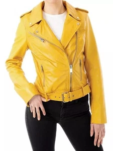 Jacket Leather Women Women's Moto Soft Lambskin Biker Size Motorcycle Yellow 23 - Picture 1 of 5