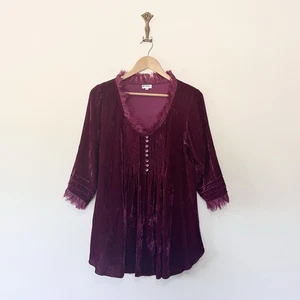 Endlich 100% Seide Samt Top Bluse Gr. UK M Burgund Fransen Plissee gesmokt - Bild 1 von 9