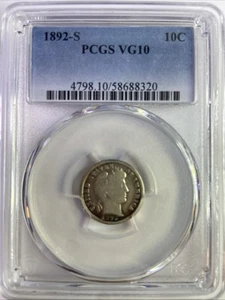 1892 S PCGS VG10 - Silver Barber Dime 10c US Coin - Picture 1 of 4
