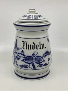 "Antiguo bote de cebolla alemana vintage blanca y azul con tapa fideos de pasta 7 3/4""" - Imagen 1 de 10