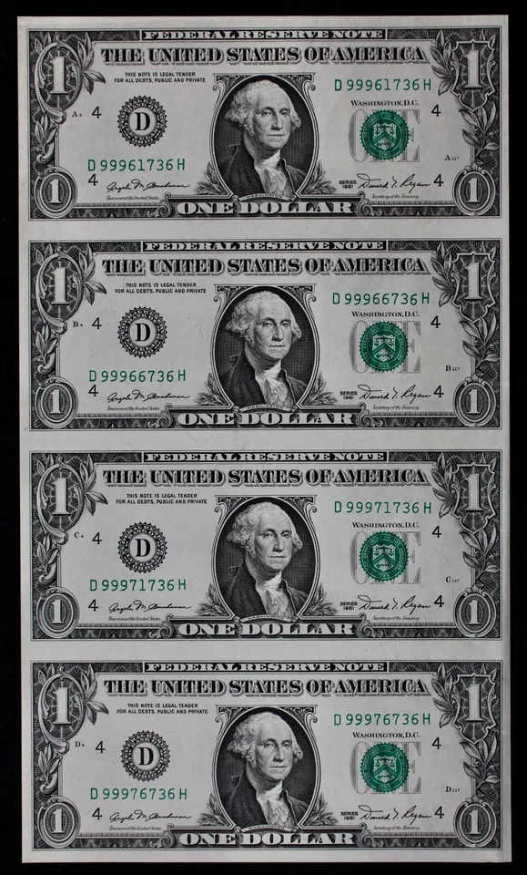 UNCUT SHEET of 4, $1 1981 CU Federal Reserve Notes D99961736H-D99976736H ppA4-D4 - Image 1 of 2