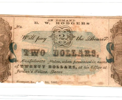 $2 "TEXAS" (JORDON & LALINE) RARE!!!! 1800'S "TEXAS" (JORDON & LALINE) BLUEBACK! - Image 1 of 3