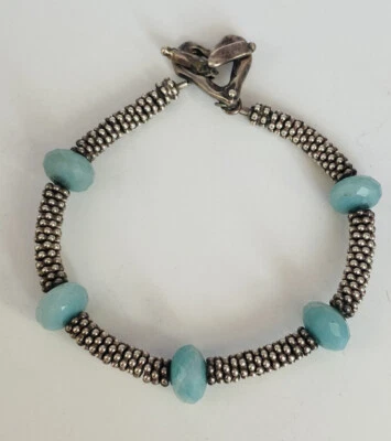 "Brazalete vintage de plata esterlina espaciador de bolas cuentas de calcedonia corazón palanca 7,5""" Foto 1 de 4