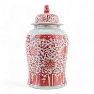 Chinese Red & White Floral Temple Jar Chinoiserie Foo Dog Lid Jar 18"H - Picture 1 of 9