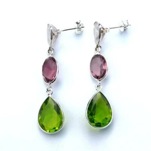 925 Sterling Silver Peridot, Purple Amethyst And Pink Topaz Long Dangle Earring - Picture 1 of 3