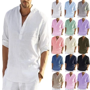 Mens Solid Cotton Linen Beach Shirts Casual Loose Summer Shirt Blouse Tops US - Picture 1 of 35