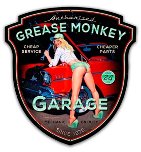 GREASE MONKEY GARAGE, Vintage Metal Sign, PINUP, NOT SIGNED by Greg Hildebrandt - Picture 1 of 3