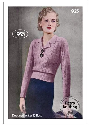 1930s Rever Collar Jumper Knitting Pattern Copy Bust 34-36 - Image 1 of 2