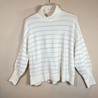 LOFT Shimmer Striped Turtleneck Sweater Ivory Metallic Silver Long Sleeve XL NWT - Image 1 of 4