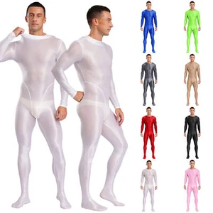 UK Men Glossy Full Bodysuit Long Sleeve One Piece Sheer Unitard Jumpsuits Romper - Picture 1 of 123