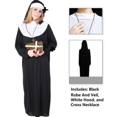 Halloween Nun Black Dress Robe Costume w/Hood & Cross For Cosplay Outfit Suit - Image 1 of 4