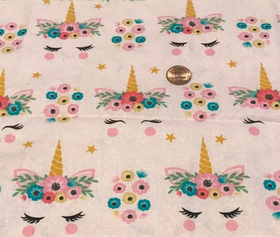 Unicorns* Flowers* Eyelashes & Stars* Pink* David Textiles *100% Cotton* 22"x 8" - Image 1 of 4
