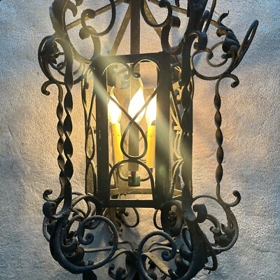 1920s Spanish Revival Wrought Iron Lantern Pendant 3 Lights 34”x19” Chandelier - Image 1 of 4