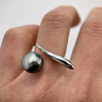 impresionante anillo de perlas verdes negras redondas tahitianas 925s 9-10mm Foto 1 de 4