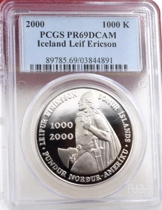 2000 Iceland Leif Ericson 1000K Silver PCGS PR69 DCAM - Picture 1 of 4