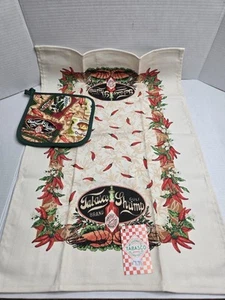 Vintage Kay Dee Kitchen Towel Pot Holder Set Tabasco Sauce Louisiana Gulf Shrimp - Picture 1 of 8