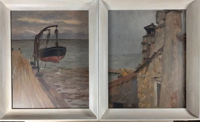 2 x Max von Poosch, Boot, südliche Dachlandschaft, 1908, Öl auf Holz, signiert - Bild 1 von 4