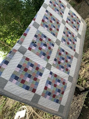 Nautica Twin Size folk art Quilt  Red Blue Patchwork  geometric Plaid Cotton - Image 1 of 4