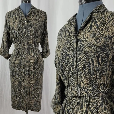 复古 Taurus II 棕色和黑色蛇皮印花连衣裙和匹配腰带 10 码 — 第 1/4 张图片